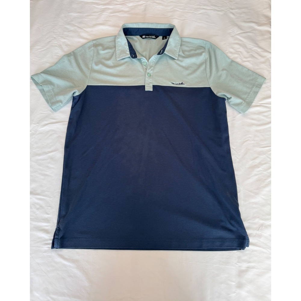 TravisMathew‎ Mens L Colorblock Polo Shirt Navy Blue Seafoam Green Pima Cotton